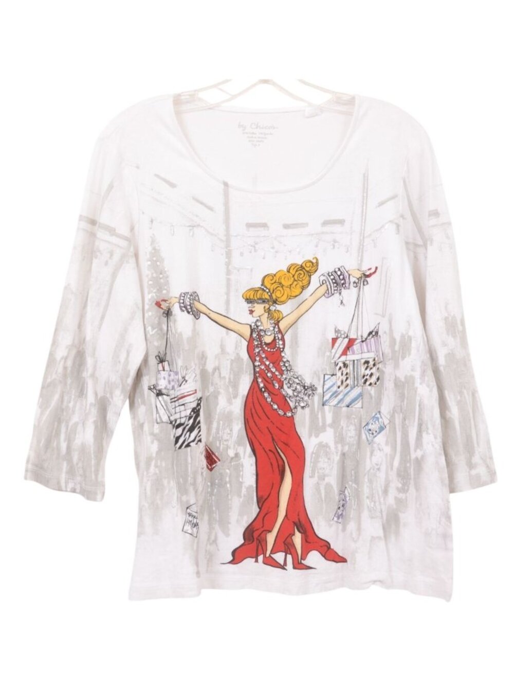 Chico's "Let's Go Shopping" Size‎ XL (2) White Tee Red Dress 3/4 Sleeves Cotton